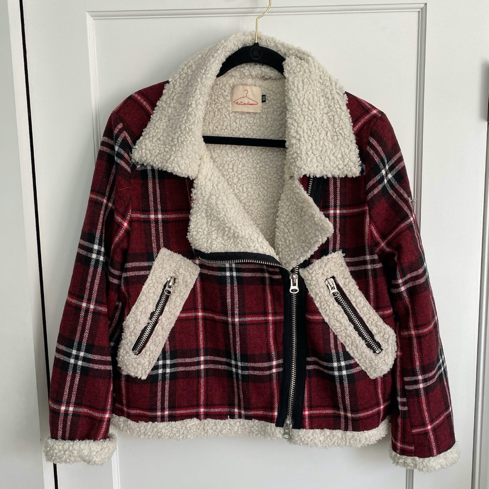 NWOT Native Rose Plaid Jacket Faux Shearling Moto Jacket